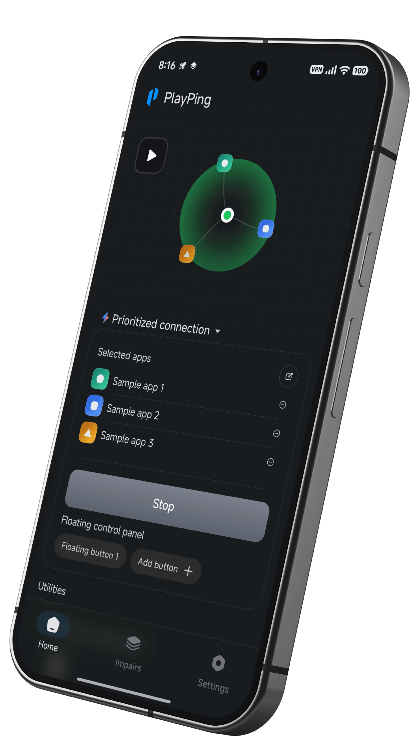 PlayPing app mockup shown on a 3D phone render.